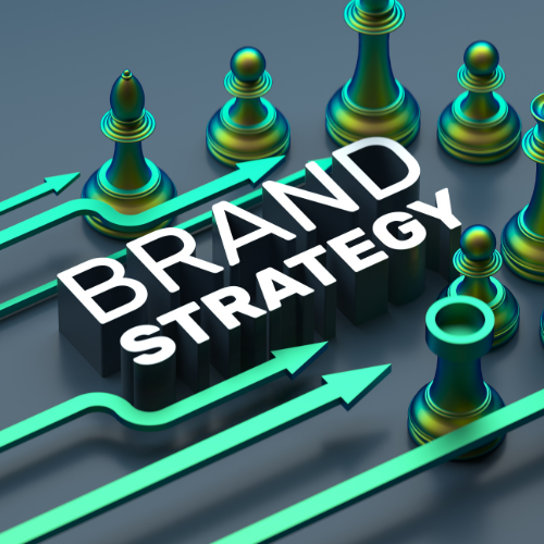 Photo showing chess pieces and the words brand strategy with arrows