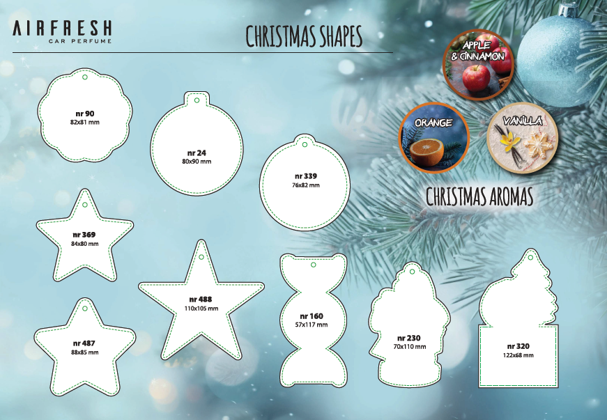 Christmas car air fresheners shapes, stars. Christmas trees, Christmas crackers, baubles and more